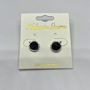 Isles & Stars Black Druzy like stone in silver tone setting earrings